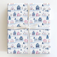 Snowy Cottage Gift Wrap, Winter Village Wrapping Paper, Watercolor Pastel House Christmas Wrapping Paper, Comfy Holiday Town Wrapping Paper