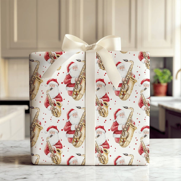 Jazz Christmas Gift Wrap, Saxophone Santa Wrapping Paper, Watercolor Santa Musician Holiday Wrapping Paper, Music Lover Gift 