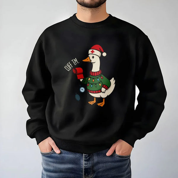 Humorous Cuff Em Goose Sweatshirt, Nurse Christmas Sweatshirt, Holiday Healthcare Worker Crewneck, Adorable Nursing Student P
