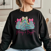 Leopard Bow Christmas Crewneck, Merry & Bright Christmas Tree Sweatshirt, Preppy Holiday Christmas Pullover, Winter Sweater, Xmas Present