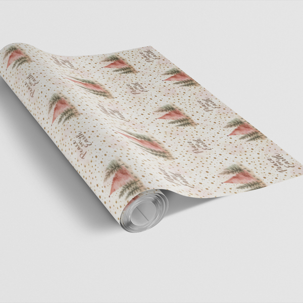 Blush Pink Gold Tree Gift Wrap Paper, Peace on Earth Christmas Wrapping Paper, Winter Forest Present Wrapping, Holiday Gift W