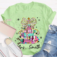 Bow Colored Pencils Snowflake Shirt, Personalized Christmas T-Shirt, Custom Holiday School Graphic Tee, Teacher Present Top
