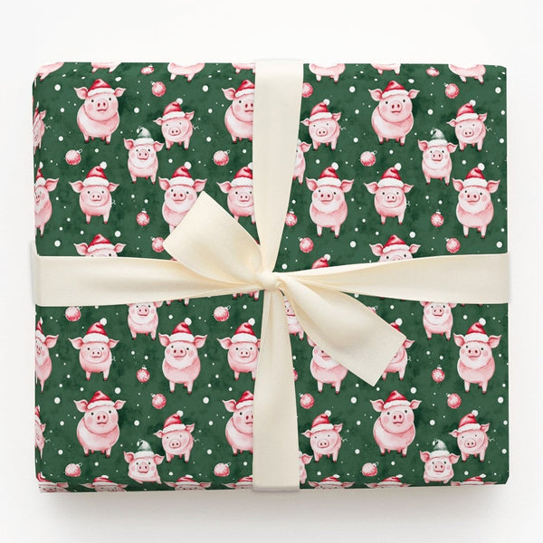 Santa Hat Pig Holiday Gift Wrap, Adorable Christmas Pigs Wrapping Paper, Humorous Animal Christmas Wrapping Paper, Winter Pre