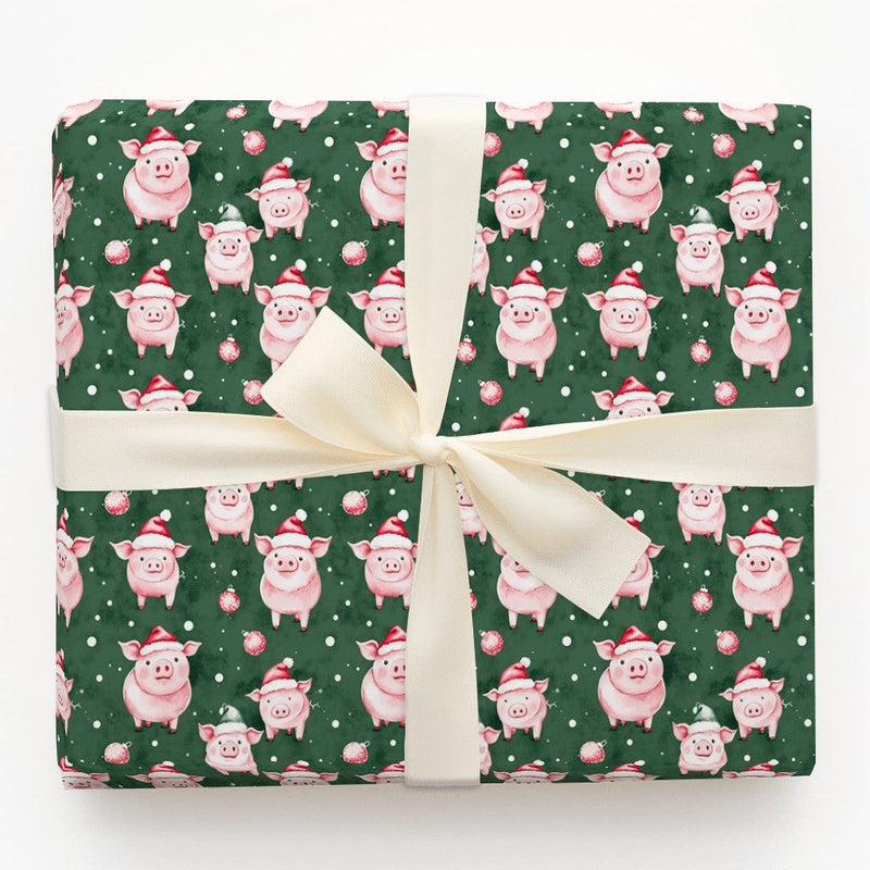 Santa Hat Pig Holiday Gift Wrap, Adorable Christmas Pigs Wrapping Paper, Humorous Animal Christmas Wrapping Paper, Winter Present Gift Wrap