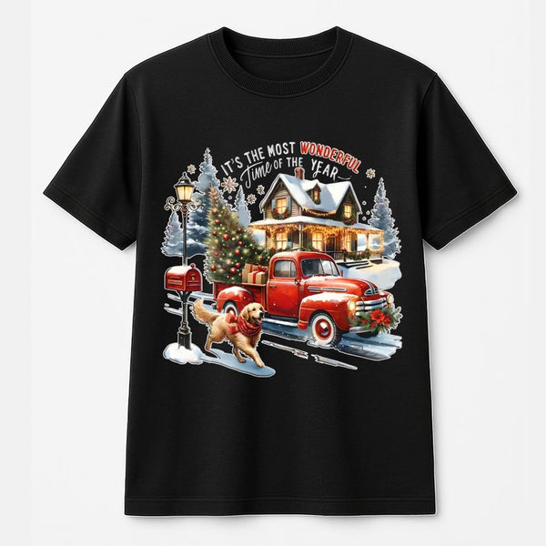 Golden Retriever Holiday Shirt, Christmas Red Truck T-Shirt, Vintage Winter Farmhouse Dog Tee, Adorable Xmas Dog Lover Graphi