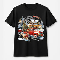 Golden Retriever Holiday Shirt, Christmas Red Truck T-Shirt, Vintage Winter Farmhouse Dog Tee, Adorable Xmas Dog Lover Graphic T-Shirt