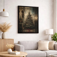 Moody Antique Room Oil Painting Art, Vintage Christmas Tree Canvas Print, Rustic Holiday Wall Decor, Nostalgic Xmas Canvas Present