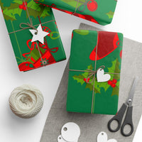 Holly and Ornament Gift Wrap, Christmas Stocking Wrapping Paper, Festive Holiday Wrapping Paper, Xmas Present Paper Roll, Seasonal Gift Wrap