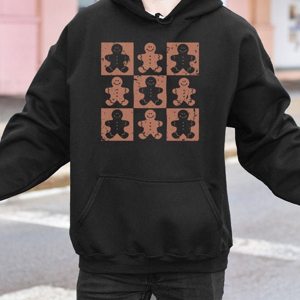 Retro Checkered Christmas Sweatshirt, Gingerbread Man Hoodie, Adorable Holiday Cookie Graphic Hooded Pullover, Festive Xmas P