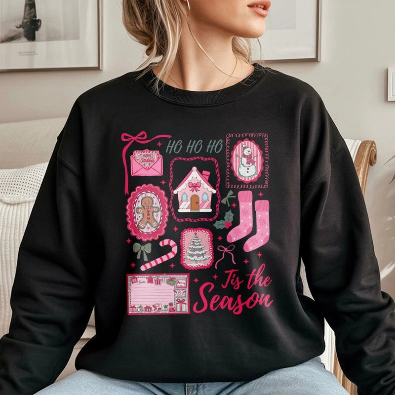 Pink Christmas Icons Sweater, Tis the Season Sweatshirt, Adorable Holiday Graphic Crewneck, Comfy Xmas Winter Sweatshirt, Holiday Present for Women