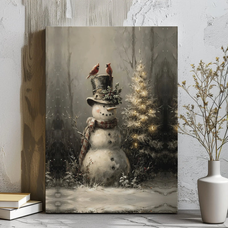 Cardinals on Top Hat Snowman Print, Vintage Snowman Canvas Art, Rustic Winter Snowman Canvas Decor, Holiday Wall Art, Christmas Home Present