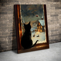 Santa Sleigh Snowy Village Canvas Wall Art, Black Cat Christmas Canvas Print, Festive Holiday Kitten Wall Decor, Adorable Winter Pet Lover Present