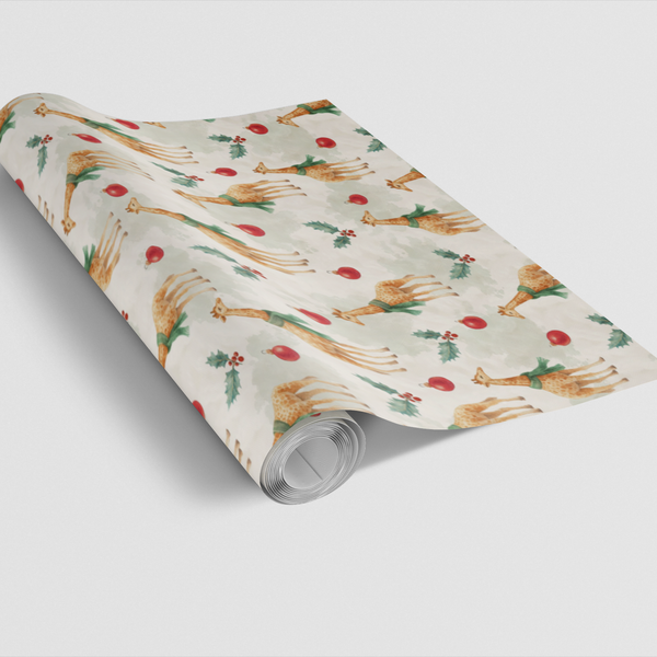 Safari Holiday Gift Wrap, Giraffe Christmas Wrapping Paper, Adorable Winter Animal Gift Wrap, Green Scarf Giraffe Present Pap
