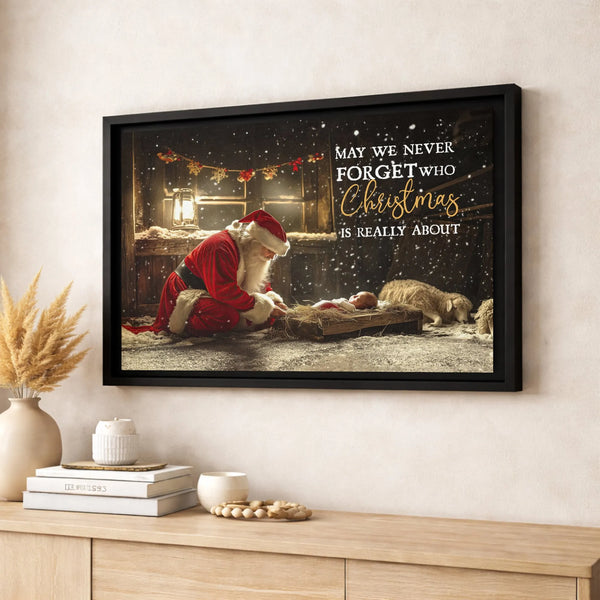 Nativity Scene Religious Christmas Wall Art, Santa Kneeling at Manger Canvas, Christian Holiday Canvas, Digital Download Pres