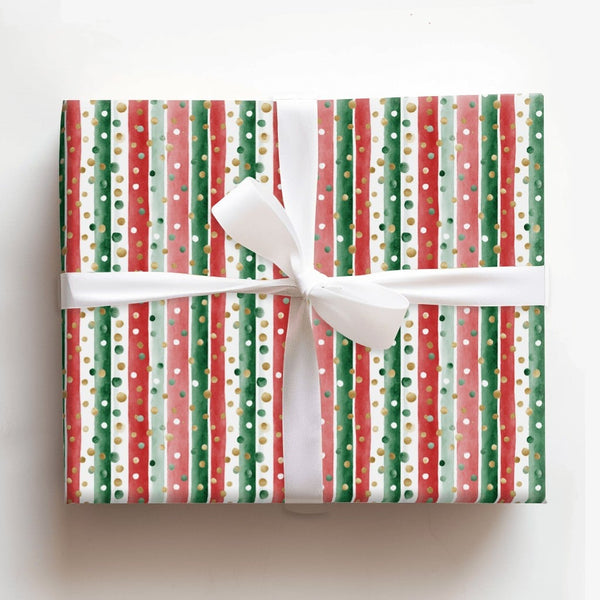 Watercolor Red Green Gift Wrap, Striped Christmas Wrapping Paper, Polka Dot Wrapping Paper, Classic Holiday Gift Wrap, Xmas P