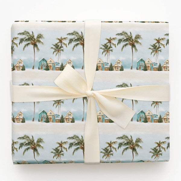 Coastal Holiday Gift Wrap, Snowy Palm Tree Christmas Wrapping Paper, Beach House Winter Wrapping Paper, Tropical Festive Pres