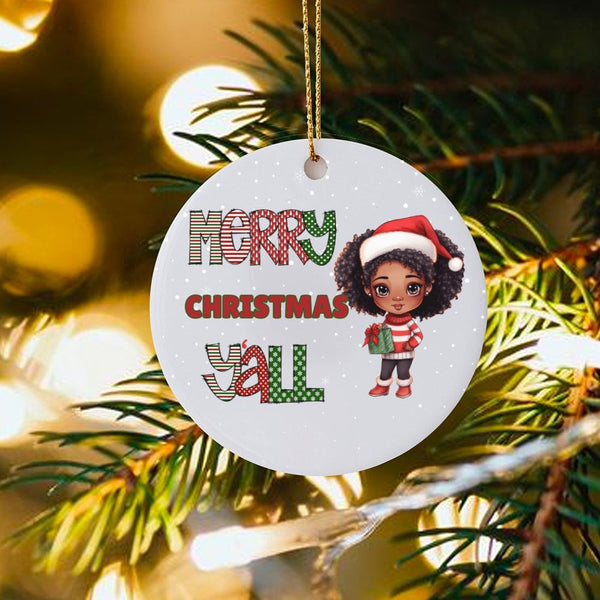 Adorable Black Girl Holiday Tree Ornament, Merry Christmas Y'all Ceramic Ornament, African American Christmas Keepsake Orname