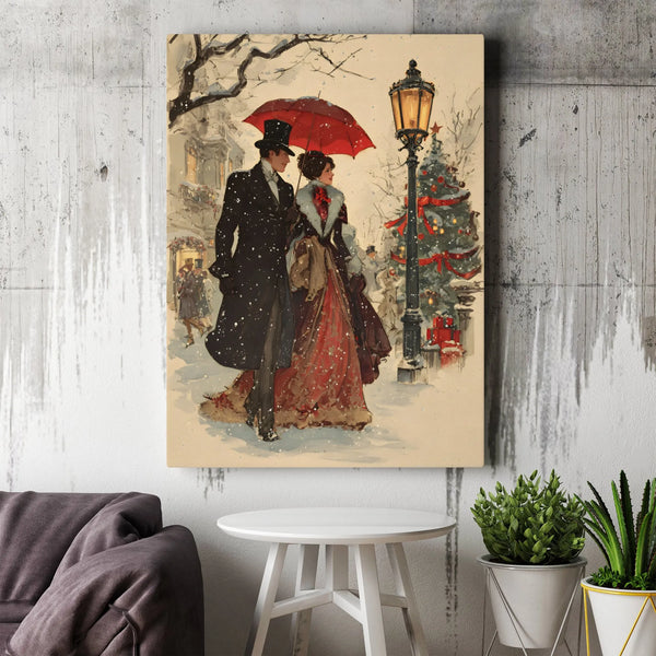 Snowy Couple Red Umbrella Canvas, Victorian Christmas Canvas Wall Art, Vintage Winter Wall Art, Holiday Canvas Print, Christm