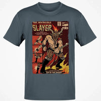 Retro Christmas Horror Graphic Tee, Krampus Slayer Vintage Comic T-Shirt, Creepy Holiday Monster Slayer Shirt, Dark Yuletide Graphic Top