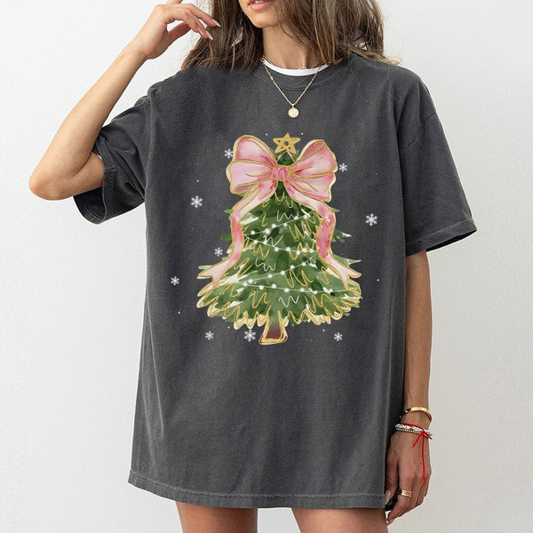 Adorable Coquette Christmas T-Shirt, Pink Bow Watercolor Christmas Tree Shirt, Aesthetic Christmas Graphic Tee, Festive Holid