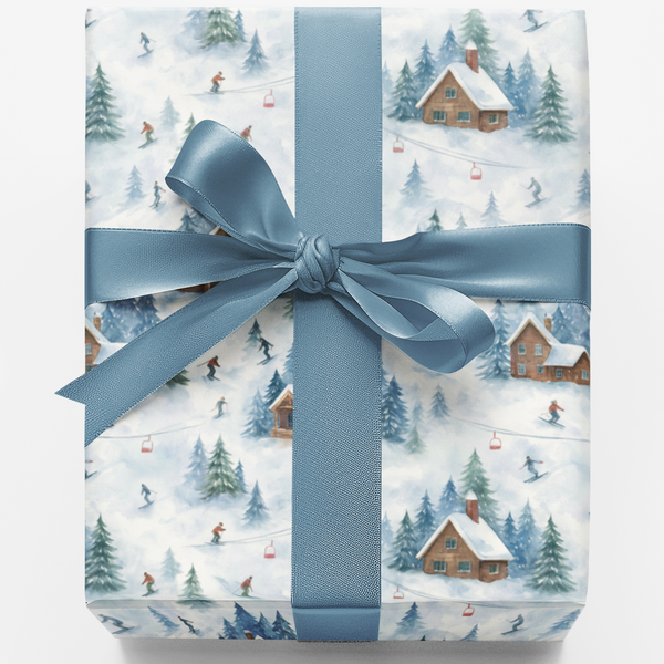 Alpine Ski Lodge Gift Wrap Paper, Snowfall Chalet Winter Wrapping Paper, Mountain Cabin Present Wrapping, Christmas Holiday G