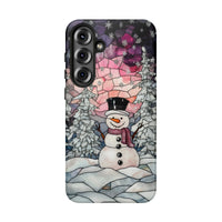 Winter Snowy Trees Samsung Galaxy Tough Phone Case, Stained Glass Snowman Phone Case, Holiday Season Hard Cover, Christmas Phone Case Present