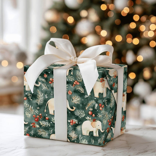 Pine Berries Elephant Gift Wrap, Watercolor Elephant Wrapping Paper, Christmas Elephant Wrapping Paper, Winter Animal Holiday