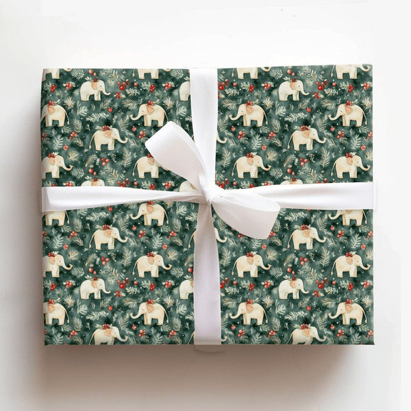 Pine Berries Elephant Gift Wrap, Watercolor Elephant Wrapping Paper, Christmas Elephant Wrapping Paper, Winter Animal Holiday