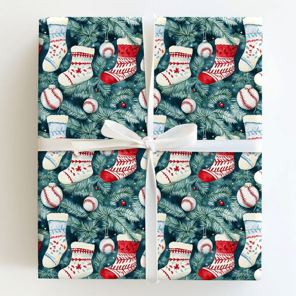 Sports Stocking Holiday Gift Wrap, Baseball Christmas Wrapping Paper, Baseball Ornament Wrapping Paper, Sports Fan Xmas Wrapp