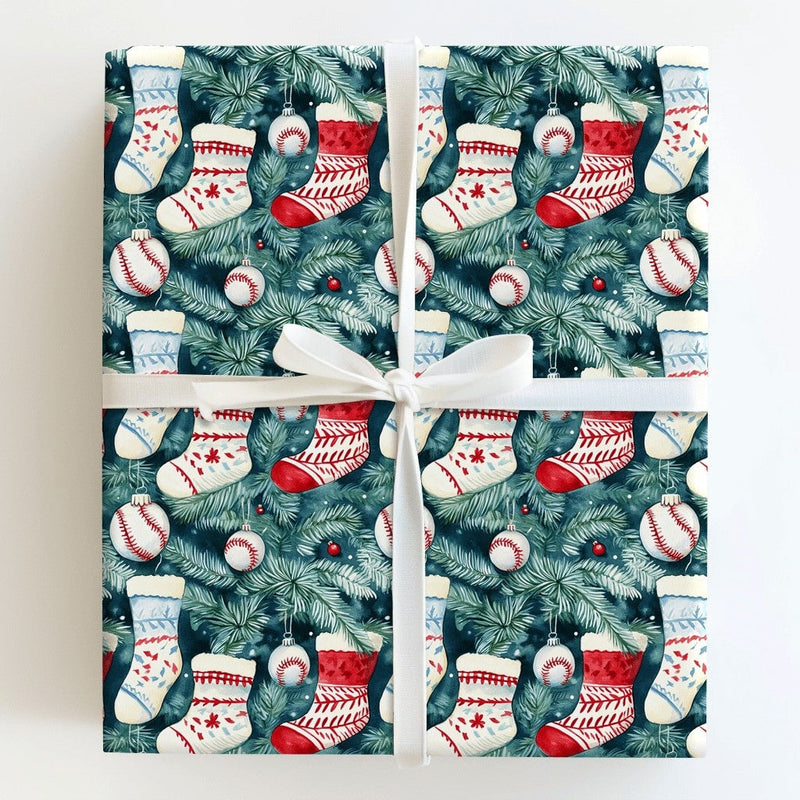 Sports Stocking Holiday Gift Wrap, Baseball Christmas Wrapping Paper, Baseball Ornament Wrapping Paper, Sports Fan Xmas Wrapping Paper Roll