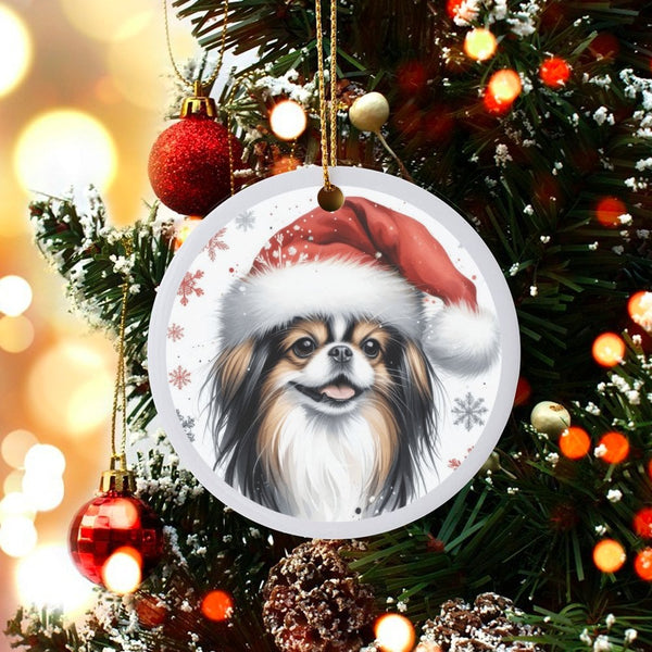 Santa Hat Dog Snowflakes Christmas Ornament, Japanese Chin Dog Ceramic Ornament, Adorable Pet Lover Tree Decor, Holiday Keeps