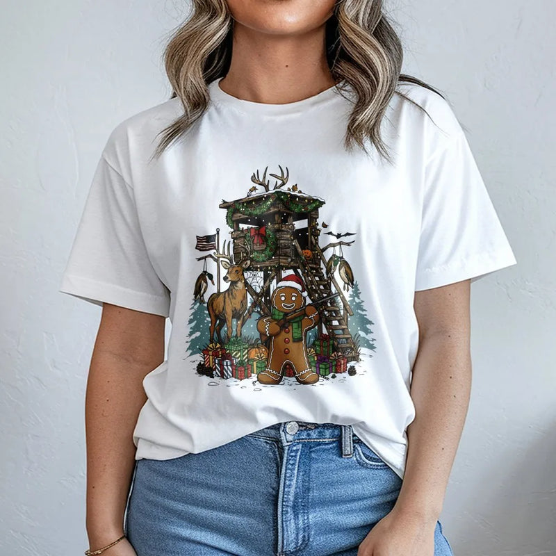 Humorous Christmas Deer Hunter Shirt, Gingerbread Man Hunting T-Shirt, Holiday Buck Hunting Tee, Winter Outdoors Graphic Shirt, Hunter Present
