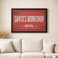 North Pole Christmas Canvas Print, Santas Workshop Canvas Wall Art, Vintage Holiday Sign Canvas Art, Rustic Winter Wall Decor Canvas
