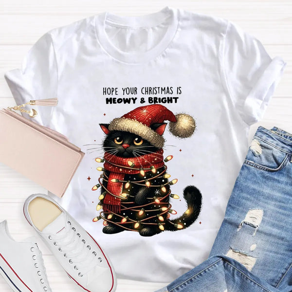 Adorable Holiday Cat Graphic Tee, Meowy and Bright Christmas Cat Teacher T-Shirt, Festive School Teacher Shirt, Humorous Cat 