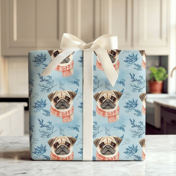 Adorable Dog Christmas Gift Wrap, Pug in Winter Scarf Wrapping Paper, Watercolor Pug Puppy Present Paper, Dog Lover Holiday P