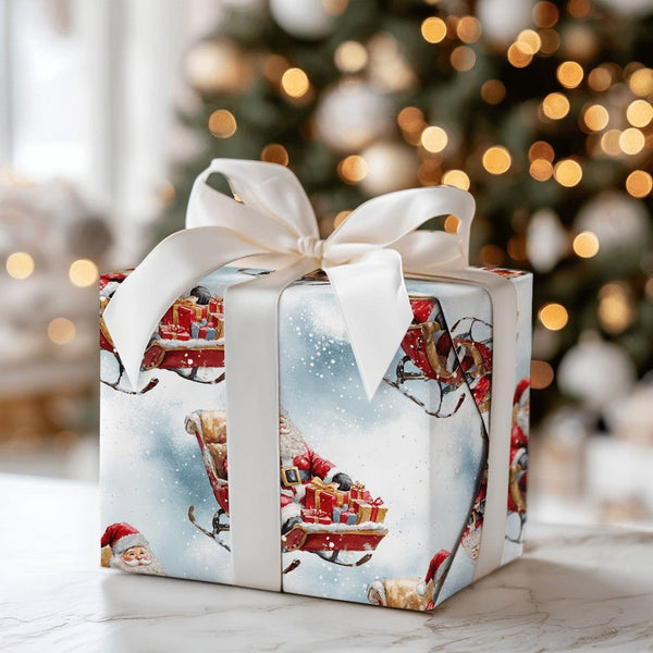 Christmas Sleigh Gift Wrap, Watercolor Santa Sleigh Wrapping Paper, Vintage Santa Claus Wrapping Paper, Festive Winter Holida