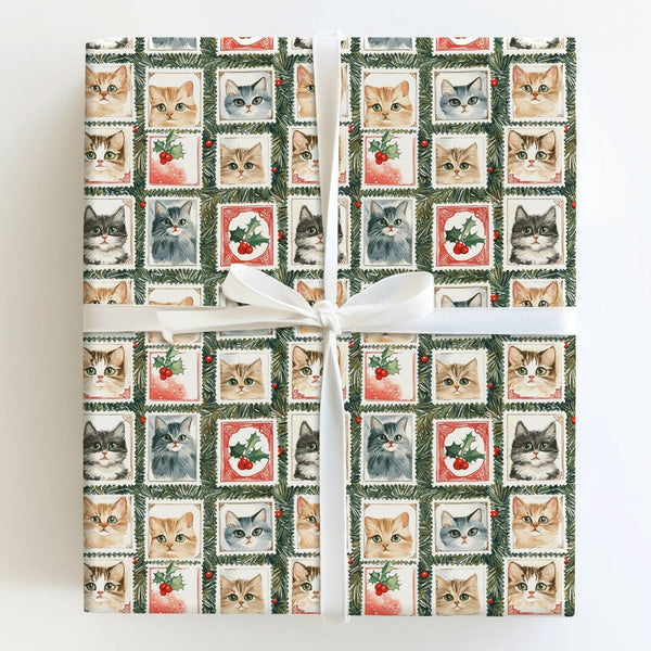 Vintage Pet Holiday Gift Wrap, Christmas Cat Postage Stamp Wrapping Paper, Adorable Watercolor Cat Wrapping Paper, Festive Ca