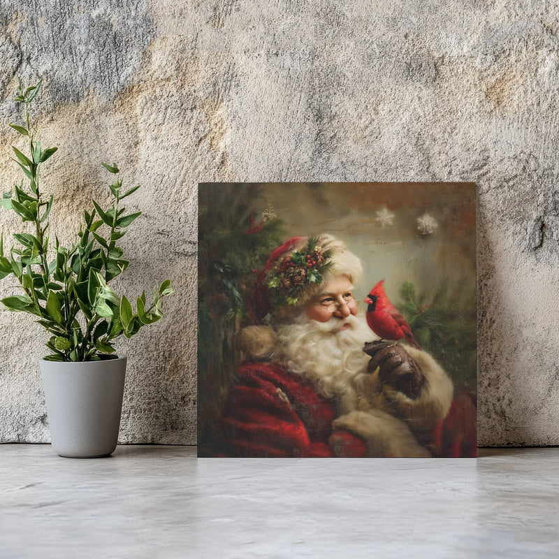 Vintage Christmas Painting Canvas Print, Santa Claus Cardinal Canvas Wall Art, Holiday Wall Decor, Digital Download, Printable Canvas Art