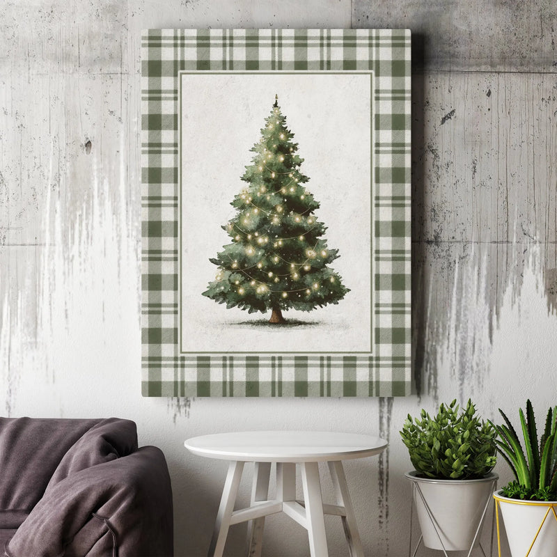 Vintage Holiday Wall Art, Rustic Green Plaid Christmas Tree Digital Download, Festive Winter Botanical Poster, Printable Farmhouse Decor