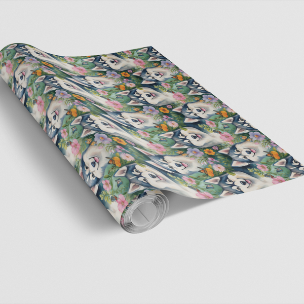 Floral Garden Dog Pattern Wrapping Paper, Husky Dog Gift Wrap Paper, Adorable Birthday Christmas Present Paper Roll for Dog L