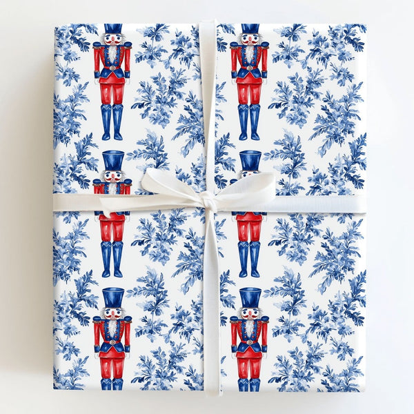 Blue Toile Floral Gift Wrap, Nutcracker Wrapping Paper, Watercolor Nutcracker Soldier Wrapping Paper, Christmas Holiday Prese