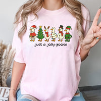 Humorous Holiday Goose Tee, Just A Jolly Goose Christmas T-Shirt, Retro Animal Graphic Shirt, Adorable Silly Goose Xmas T-Shirt for Men Women