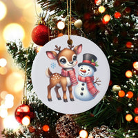 Ceramic Christmas Tree Ornament, Adorable Baby Deer Snowman Ornament, Winter Holiday Keepsake Ornament, Woodland Animal Xmas Present