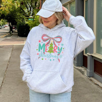 Pastel Tree Red Bow Graphic Sweatshirt, Merry Christmas Hoodie, Coquette Winter Holiday Hooded Pullover, Adorable Xmas Present