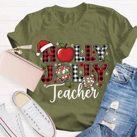 Apple Santa Hat Graphic Tee, Personalized Teacher Christmas Shirt, Custom Name Holiday T-Shirt, Adorable Educator Xmas Tee, Teacher Holiday Present