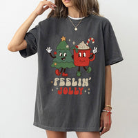 Retro Holiday Tree and Cocoa Graphic Tee, Feelin' Jolly Christmas T-Shirt, Vintage Xmas Party Shirt, Adorable Winter Apparel for Women