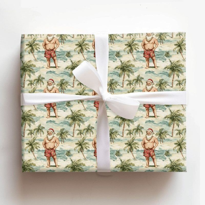 Humorous Tropical Beach Christmas Gift Wrap, Shirtless Santa Wrapping Paper, Palm Tree Holiday Wrapping Paper, Humorous Summer Gift Wrap Roll