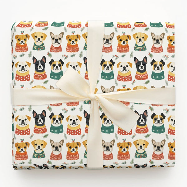 Adorable Dog Christmas Gift Wrap, Dogs in Ugly Sweaters Wrapping Paper, Frenchie Pug Holiday Wrapping Paper, Festive Pet Love