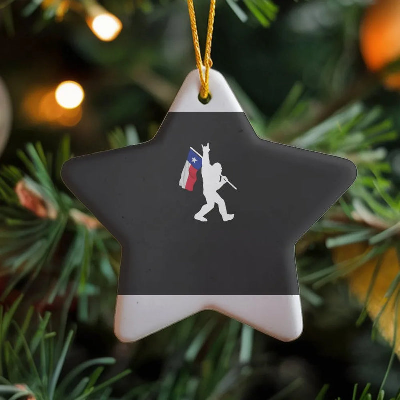 Rockstar Sasquatch Star Ornament, Bigfoot Texas Flag Ceramic Ornament, Lone Star State Christmas Tree Ornament, Texas Pride Holiday Keepsake