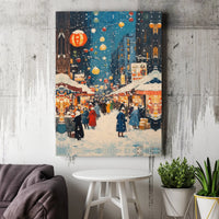 Winter Village Christmas Canvas Print, Snowy Christmas Market Canvas Art, Holiday Night Market Canvas Decor, Comfy Seasonal Home Wall Decor